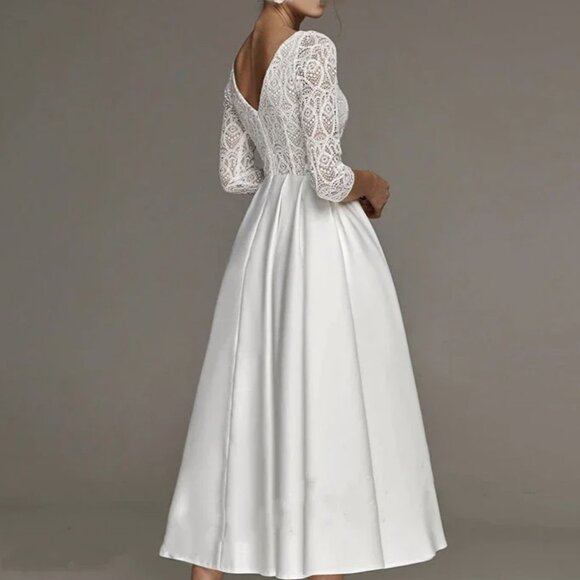 Elegant Lace V-Neck White Dress | Civil Wedding or Engagement Photo Shoot Gown - Picture 2 of 8